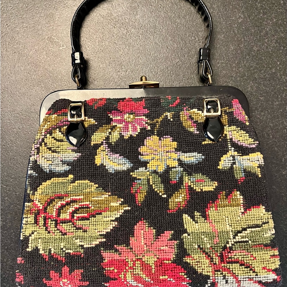 Floral Black Handbag vintage 60s 10x20 inch